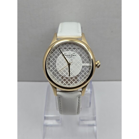 Kenneth Cole New York Lattice Dial Gold Womens Watches White Leather New Battery - Picture 1 of 11